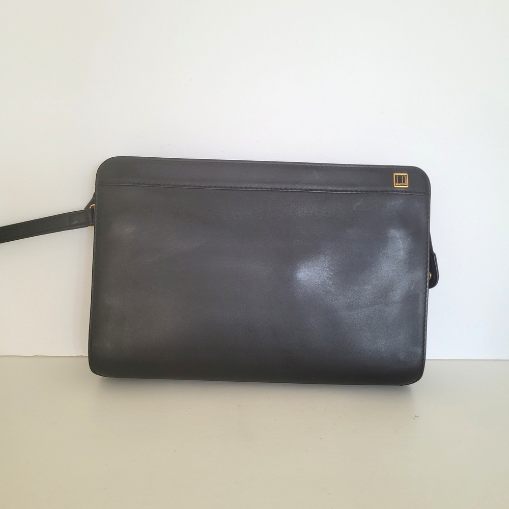 Dunhill Vintage Black Leather Clutch Wristlet Bag Gold Logo Mens Organizer Pouch
